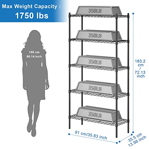 Szqinji 5-Shelf Storage Shelves Heavy Duty 5 Tiers Standing Shelving Units Adjustable Metal Organizer Wire Rack, 14" X 36" X 72", Black #TOP2