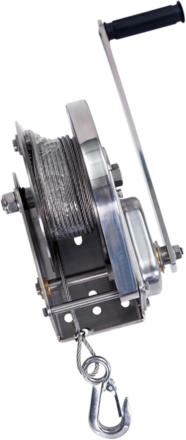 304 Stainless Steel Manual Winch with Wire Rope and Stainless Steel Hook, Compact and Portable for Lifting and Towing Suitable for Boats, Trailers, Trucks(2600Lb/1100kg,Winch+15m/49ft)