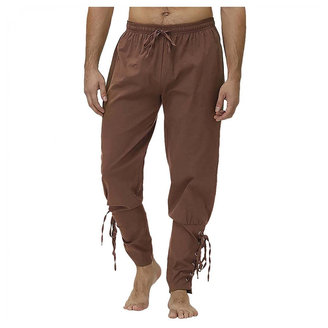 Medieval Renaissance Costume Men's Pirate Pants Ankle Banded Lace-Up Trouser for Men Plus Size Brown L