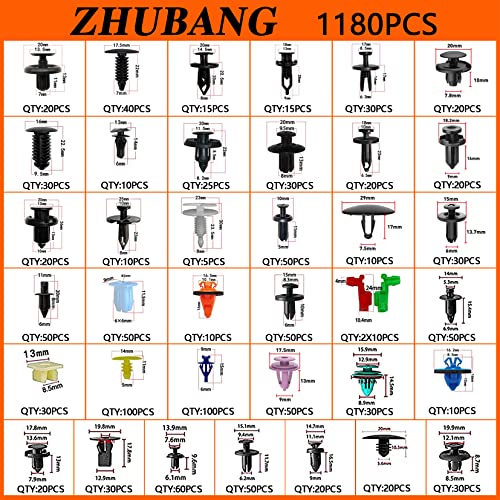 Zhubang 1281Pcs Car Push Retainer Clips Door Panel Trim Clamp Kit With 38 Most Popular Size Nylon Bumper Fender Panel Clips For Gm Ford Toyota Honda Chevrolet Bmw Benz Audi Nissan Mazda #TOP1