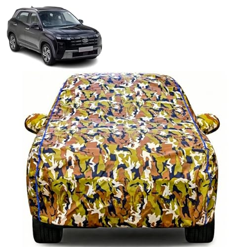Image of Waterproof Car Body Cover for Hyundai Creta with Mirror Pocket| Cotton Inner Lining | Triple Stitched | All Weather Protection | Dust, UV & Rain Proof (Camouflage with Blue Piping)
