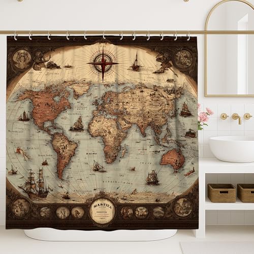 Vintage World Map Shower Curtain, Antique Brown Illustrations Bathroom Decor,