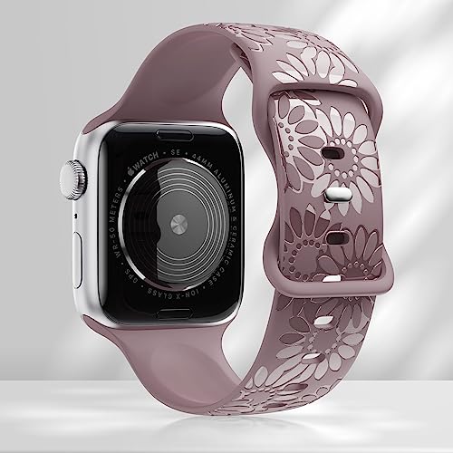 Image of Sunflower Engraved Band Compatible with Apple Watch Bands 38mm 40mm 41mm 42mm 44mm 45mm 49mm Women, Designer Soft Glossy Floral Silicone Strap for iWatch Series Ultra 11 10 9 8 7 6 SE 5 4 3 2 1