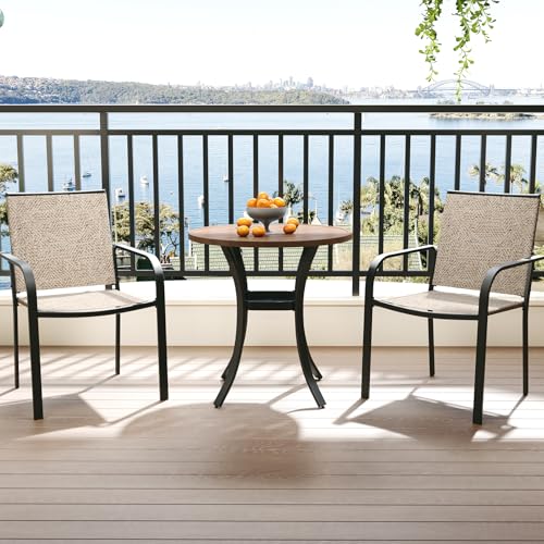 Image of Anmutig Outdoor Bistro Set for 2, Stackable Chairs & Metal Table, Beige | Weather-Resistant Textilene, Black Powder-Coated Steel Frame, Storage Shelf, Easy Assembly, Balcony, Deck, Poolside Use