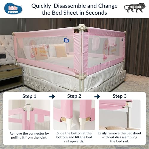 Image of Kids Station Baby Bed Rail Guard for Toddlers Safety - Easy to Fold - Portable and Adjustable Height - Baby Safety Essential - 6.6ftx6ft or 200x180cm (2 Sides, Pink, with Pocket)