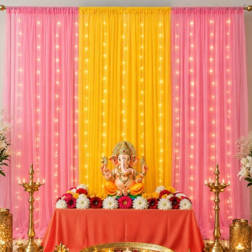 Image of SpecialYou Ganpati Decoration Setup for Home with Pink & Yellow Backdrop Cloth for Decorations Pooja, Wall Decor Items for Living Room, Varalakshmi Pooja Decoration Items- 8pcs