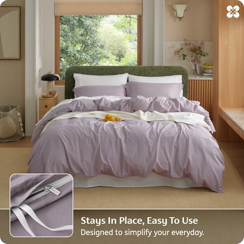 Image of Bedsure 100% Washed Cotton Duvet Cover Queen Size - Lavender Minimalist Bedding Set Linen Like - PureWoven Plain Simple & Soft Comforter Cover for All Seasons (Lavender, Queen, 90 inchx90 inch)