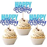 24 PCS Happy Birthday Cupcake Toppers Glitter Double Layer Birthday Cupcake Picks for Celebrating Baby Shower Theme Kids Boys Girls Birthday Anniversary Party Cake Decorations Supplies Blue