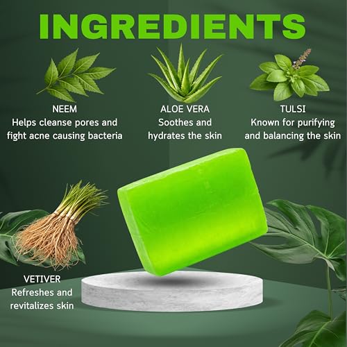 Image of Neem Tulsi Glycerine Soap Bar | Premium Handmade Herbal Soap with Neem, Tulsi, Aloe Vera & Vetiver | Gentle Cleansing for Oily & Dry Skin | 1 x 125g