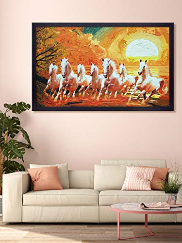 Image of 999STORE Printed Seven White Running Horses Painting Wall Art with Black Frame (Canvas 18X30 Inches Multi) BLFLP18300071