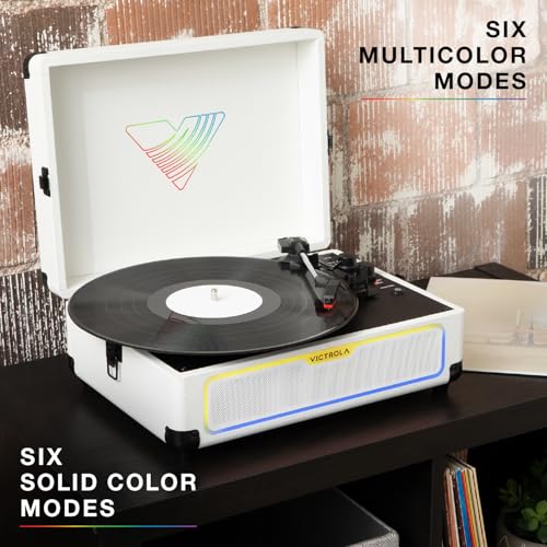 Image of Victrola Journey Glow - Lightshow Bluetooth Suitcase Record Player - Black | Suitcase turntable, 18 RGB light modes, built-in stereo speakers, two-way Bluetooth (VINYLSTREAM out), RCA and headphone jack