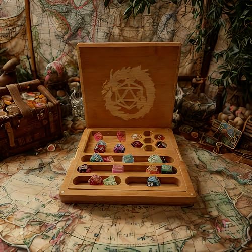Hunmor 2-in-1-DND-Würfeltablett, Würfelbox Dice Box DND Würfelbrett 19x19cm Würfelunterlage Bambus mit Würfelteller Würfelschale und Vorratsbehälter ideal für Dungeon and Dragon (D&D)