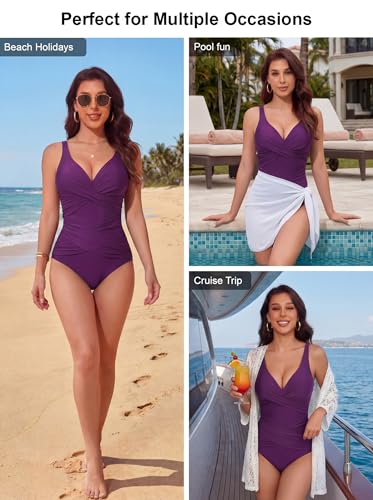 Image of Smismivo Tummy Control Swimsuits for Women Slimming One Piece Bathing Suit Retro Ruched Push Up Vintage Padded Swimwear