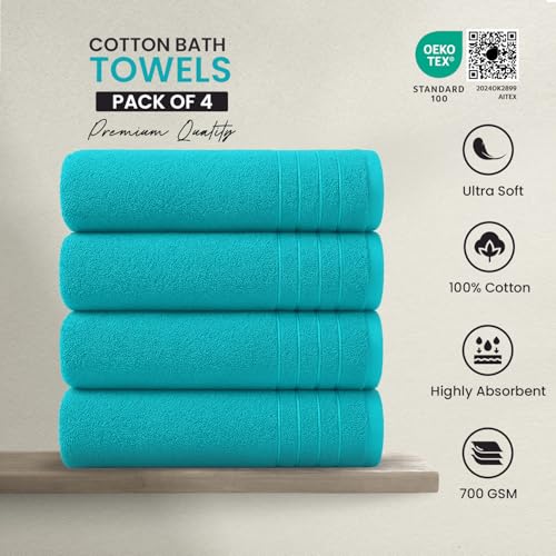 Turquoise Bath Towels - 4 Pack | 30"x60" - 700 GSM Towels for Bathroom - 100% Cotton Hotel Towels for Bathroom Luxury | 800g Towel for Spa, Bathrooms & Hotel-Grade Indulgence