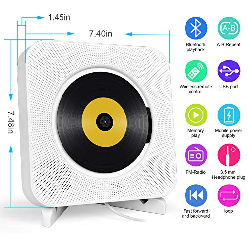 Portable CD Player with Bluetooth, Wall Mountable CD Music Player Home Audio Boombox with Remote Control FM Radio Built-in HiFi Speakers, MP3 Headphone Jack AUX Input Output (White)