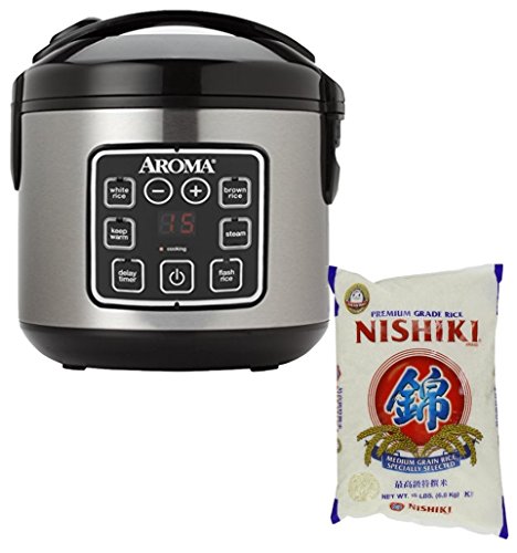 Bundle Includes 2 Items - Aroma Housewares ARC-914SBD 8-Cup (Cooked) Digital Cool-Touch Rice Cooker and Food Steamer with Stainless Steel Exterior, Silver and Nishiki Premium Rice, Medium Grain,