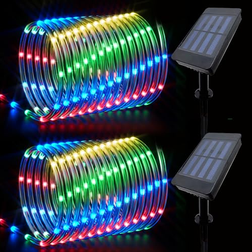 IJG Christmas 2 Pack Solar Rope Lights Outdoor Waterproof,Each 33ft 100 LED 8 Modes and Timer Clear Tube String Lights for Outside(Multicolor)