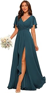 Women's Chiffon Bridesmaid Dresses with Slit 2025 Short Sleeves Formal Evening Dress PU171 - Buy now