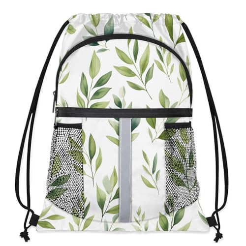 Green Sage Leaf Drawstring Backpack Waterproof String Bag Sackpack Plants Cinch Sack for Traveling Gym Sports with Mesh Pockets