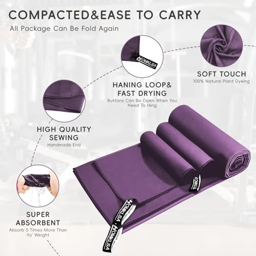 HOMIKLSA Mikrofaser Handtuch 3 Set - Groß 200×100cm & 2 Klein 80×40cm, Schnelltrocknend Microfaser Sporthandtuch, für Reisehandtuch, Badetuch, Fitness & Sport Handtücher und Strandtuch (Lila)