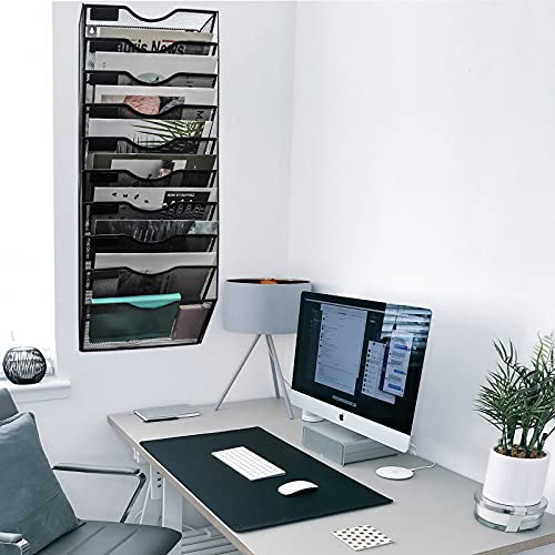 Easepres 10 Pockets Mesh Wall File Holder Organizer Office Hanging Magazine Rack, Black #TOP4