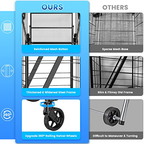 [2023 Upgrade] Shopping Cart For Groceries, 280 Lbs Heavy Duty Large Grocery Cart With 360° Swivel Wheels, Waterproof Liner, Portable Foldable Utility Carts For Seniors,Laundry,Transport (Black) #TOP1