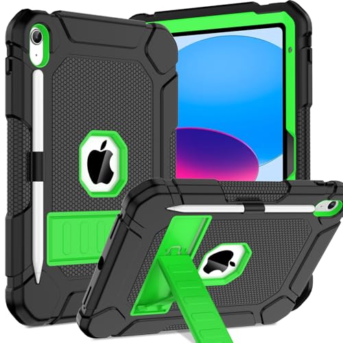 TOPWANT Case for iPad (A16) 11th/10th Generation (11/10.9 inch) 2025/2022, Heavy Duty Shockproof Rugged Protective iPad 11th/10th Generation Case with Kickstand & Pencil Holder, Black+Green