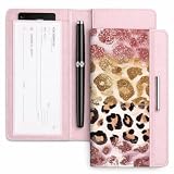 UNICRAFTALE Couvre Chéquier Personnel pour Chéquier avec Doublure en Cuir Imitation Imprimé Léopard Rose Doré 19.5x11.5cm pour Chèques avec Doublure avec Porte Stylo et Fentes pour Cartes Antifraude