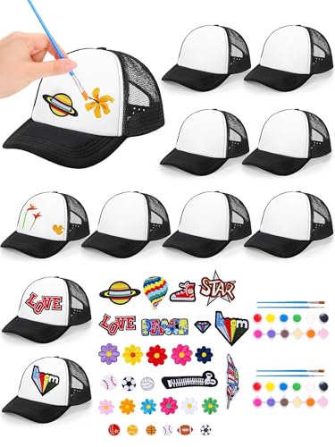 Aneco 48 Pcs DIY Blank Trucker Hats Kit Adjustable Baseball Caps with Embroidered Patches Paint Tools for Sports, Black