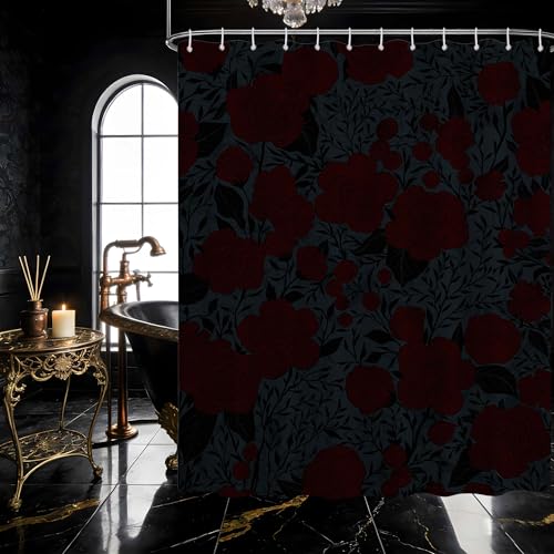 puuiui Dark Floral Shower Curtain Dark Black and Red Goth Flower Shower Curtains for Gothic Bathroom Decor Sets, Waterproof Cloth Fabric with Hooks, 60x72 Inch