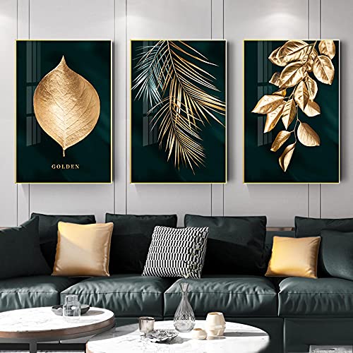 Tableau feuille verte doree art moderne scandinave pour habiller les murs du salon chic 70x100 cm