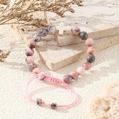 Image of enasal Easter Basket Stuffers for Teens Girls, Nature Stone Easter Gifts Cross Bracelet, Christian Gifts Inspirational Jewelry