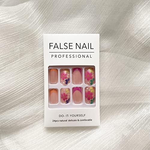 French Tip Press On Nails Medium Length Fake Nails Colourful Flower False Nails With Designs Pink Orange Nail Tip Small Daisy Acrylic Nails Full Cover Glossy Stick On Nails For Women Girls Manicure #TOP5