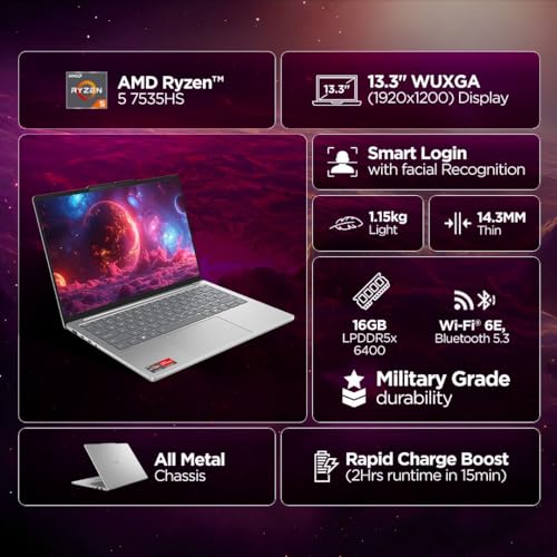 Lenovo IdeaPad Slim 5 AMD Ryzen 5 7535HS 13.3 inch (33.7cm) WUXGA IPS Laptop (16GB RAM/512GB SSD/Windows 11/Microsoft 365 Basic + Office Home 2024/Backlit Keyboard/1Yr ADP Free/Grey/1.6Kg), 83J2004HIN