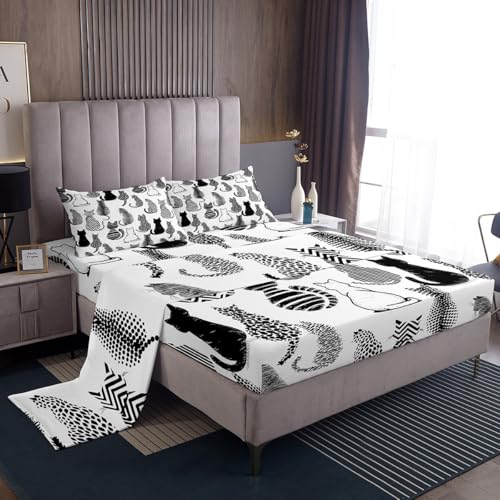 Image of Cat Kitten Silhouette Bed Sheet Queen Size,Striped Polka Dots Sheets,Cute Cat Pattern Bedding Sets (1 Fitted,1 Flat,2 Pillowcases) Luxury Deep Pocket Bed Sheets