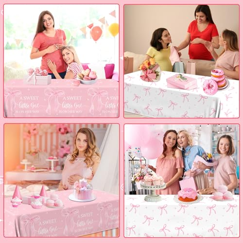 Image of 2Pcs A Sweet Little Girl is on Her Way Tablecloths,Pink Bow Baby Shower Decorations Coquette Bow Plastic Table Cover Pink Bow Birthday Party Tablecloth for Girl Baby Shower Party Decor
