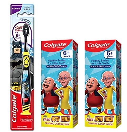 colgate kid's batman anti cavity extra soft with tongue cleaner toothbrush - 1 pc | motu patlu anticavity toothpaste for kids - 80g + 80g (bubble fruit flavor)