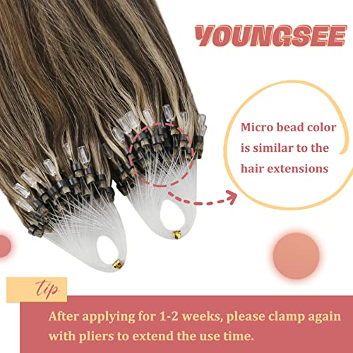 YoungSee Micro Ring Hair Extensions Brown 24inch,Long Straight Human Hair Extensions Micro Loop,Dark Brown with Blonde Highlight,for All-Day Wear,Cold Fusion,50s 50g Add Length - Image 3