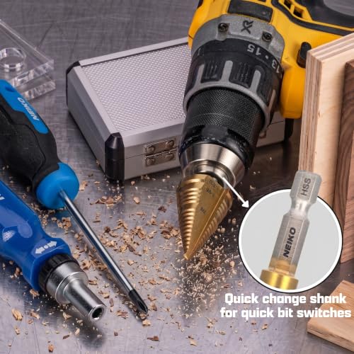 Image of NEIKO 10636A Step Drill Bit, 3 Steps 7 /8 inch to 1-7 /32 inch Straight High Speed Steel, Titanium Nitride Coated, 1 /4 inch Quick Change Step Bits for Steel, Metal, Wood, Plastic, Unibit Cone Drill Bits, Two Flute