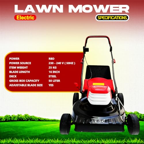 Image of RBD 16-Inch Electric Lawn Mower - High Power Corded Grass Cutter with 50L Collection Box, Steel Deck & Adjustable Cutting Height - Low Maintenance, Lightweight Push Mower for Home Garden & Landscaping