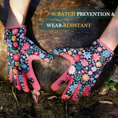 Trifabricy Garden Gloves for Women - Breathable leather Floral Gardening Gloves with Grip, Thorn-Proof Puncture-Resistant Work Gloves for Weeding, Digging, Planting, Raking and Pruning, Pink - Flower — view 2