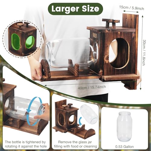 Squirrel Feeder, Large Squirrel Feeders for Outside, Durable Squirrel House, Wooden Chipmunk Feeder for Corn Peanuts with Removable Storage Bottle, 2 Stable Squirrel Stools