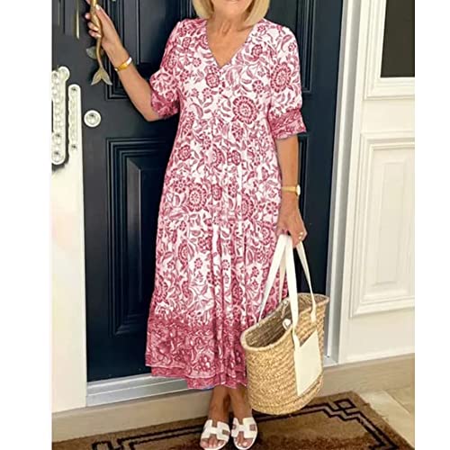 Rjdj Hermosor Dresses V Neck Bohemian Dress For Womens Summer Printed Floral Short Sleeve Beach Dress (Xl,Blue) #TOP3