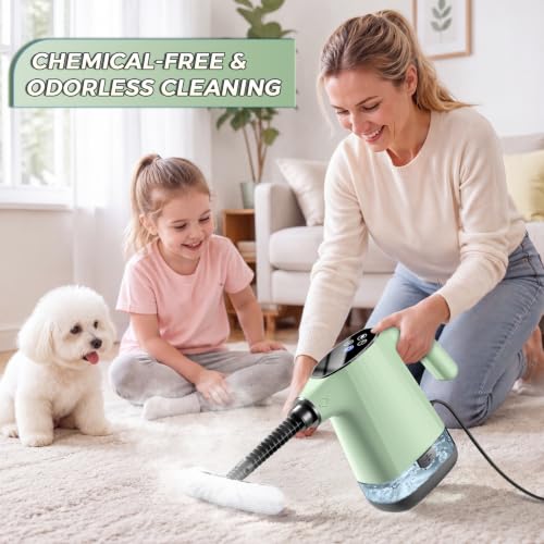 Image of Handheld Steam Cleaner, Portable Steamer for Cleaning with 18PCS Accessories, 12s Fast Heating, Pressurized Steam Cleaner for Home, Kitchen, Bathroom, Car Detailing, Window, and Clothes, Green