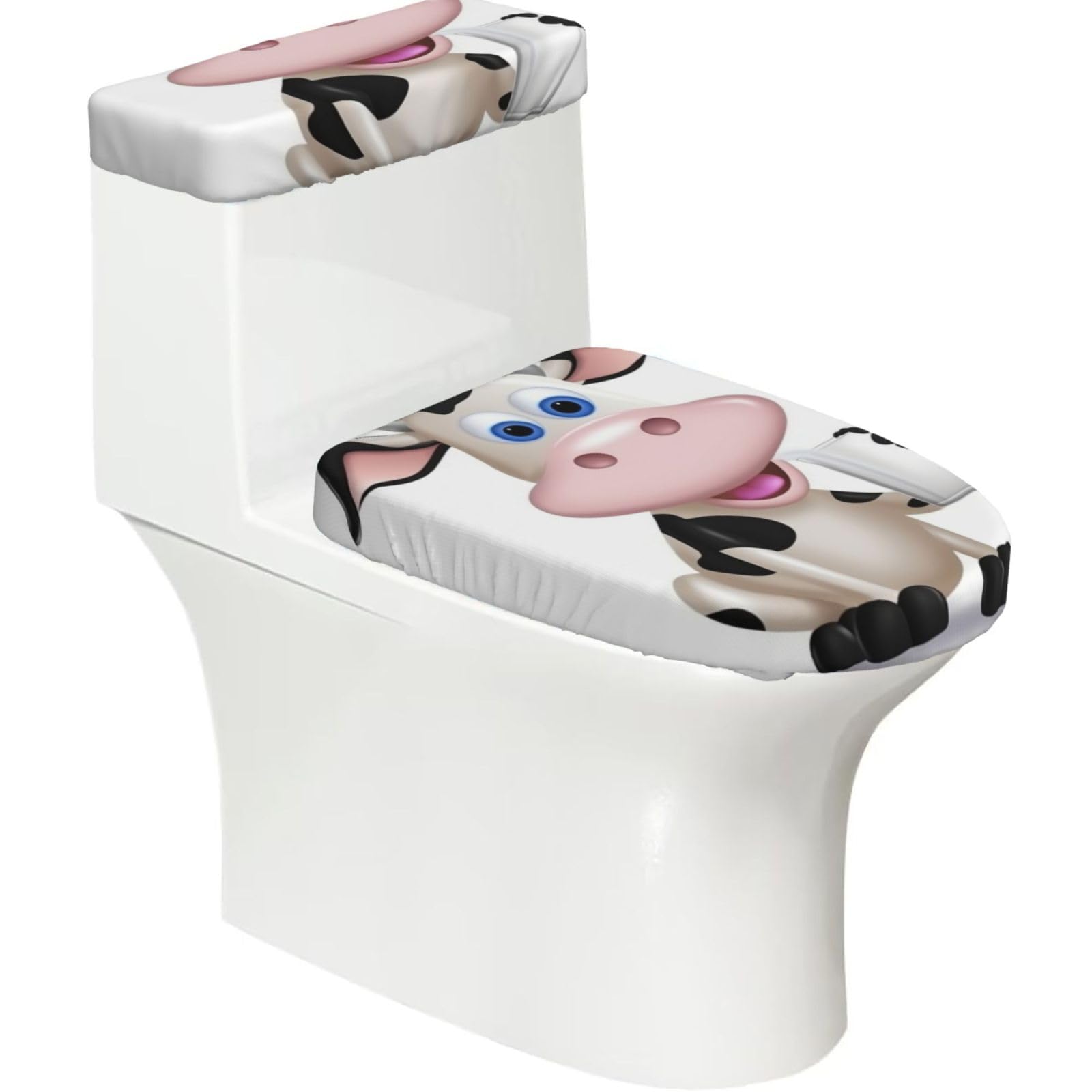 Fodpand Black Cartoon Milk Cow Toilet Lid Cover And Toilet Tank Cover Set, Washable Soft Toilet Seat Cover With Elastic Bottom, Universal Stylish Toilet Cover Set For Bathroom Decor Accessories