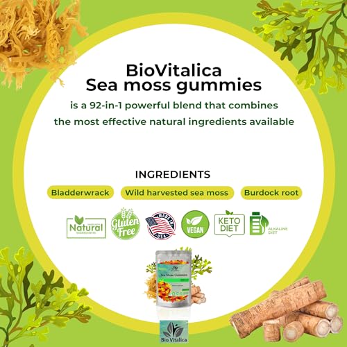 Sea Moss Gummies - Irish sea Moss raw Organic, Bladderwrack, Burdock Root. Contains Sea Moss Gel and Powder. Superfoods for Vegan, Keto and Dr Sebi Diet. Immune Boosting (1, Original)