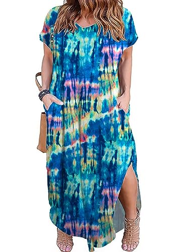 Image of Women's Plus Size Maxi Dresses V Neck Casual Short Sleeve Loose Pocket Slits Long Dress XL-5XL