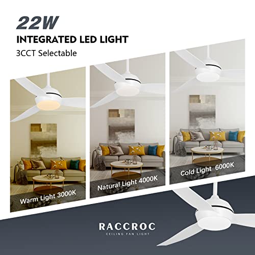 Raccroc 52In Ceiling Fans With Lights,Modern Ceiling Fans Wiht Lights And Remote Control,6 Speeds Indoor Outdoor Ceiling Fans With Dimmable 22W Led Light, Noiseless Dc Motor&3 Reversible Blades White #TOP4