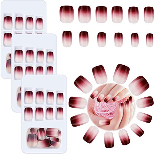 72 Pieces Gradient False Nail Glossy Artificial Nail Tips Wine Red Chic Ombre Fake Fingernails Full Cover Medium Short Fake Nails Kit with Nail Stick File for Nail Art Salon DIY Decoration, 3 Sets