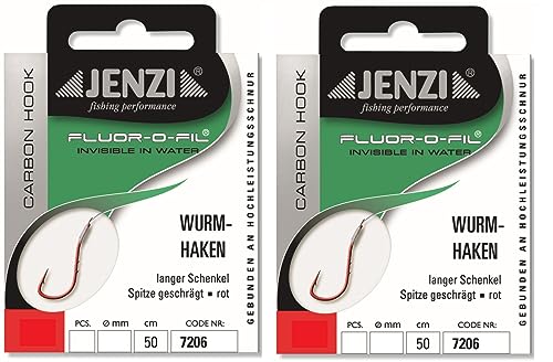 Set of 2 packs of Jenzi Red Tied Fluorine Carbon Worm Hooks, 50 cm, Hook Size: 2, 4, 5, 6, 8, 10